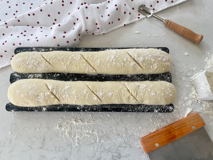 Fresh baked baguette bread with crispy crust